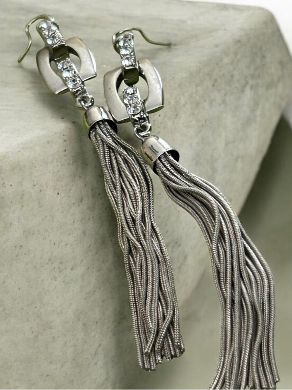 Vintage Silver Tassel Earrings with Crystal Accents
